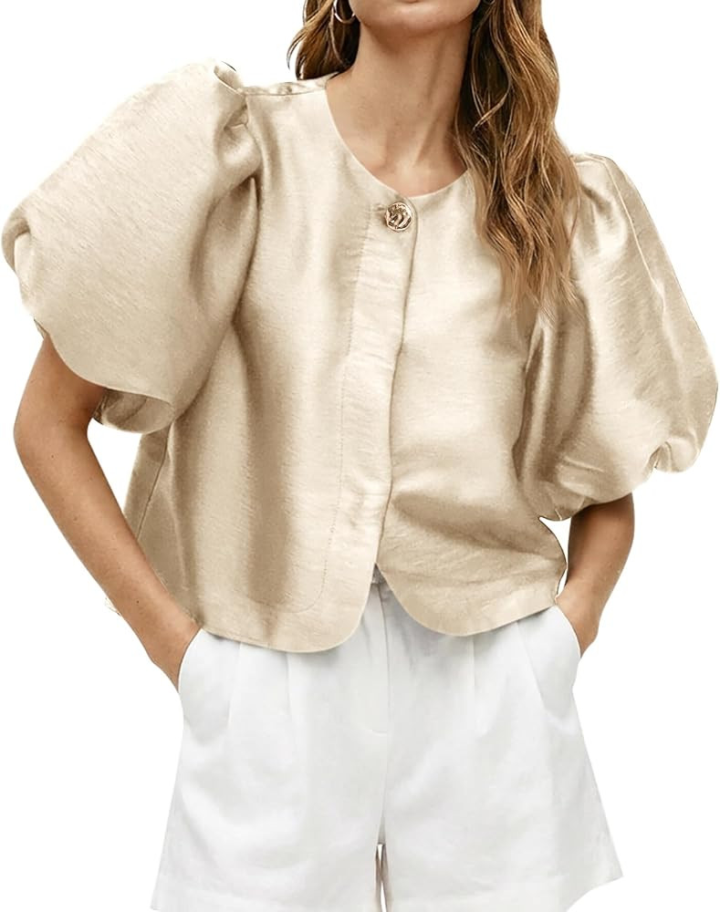 Cicy Bell Womens Silk Satin Button Down Shirts Summer Puff Short Sleeve Crew Neck Crop Tops Loose... | Amazon (US)