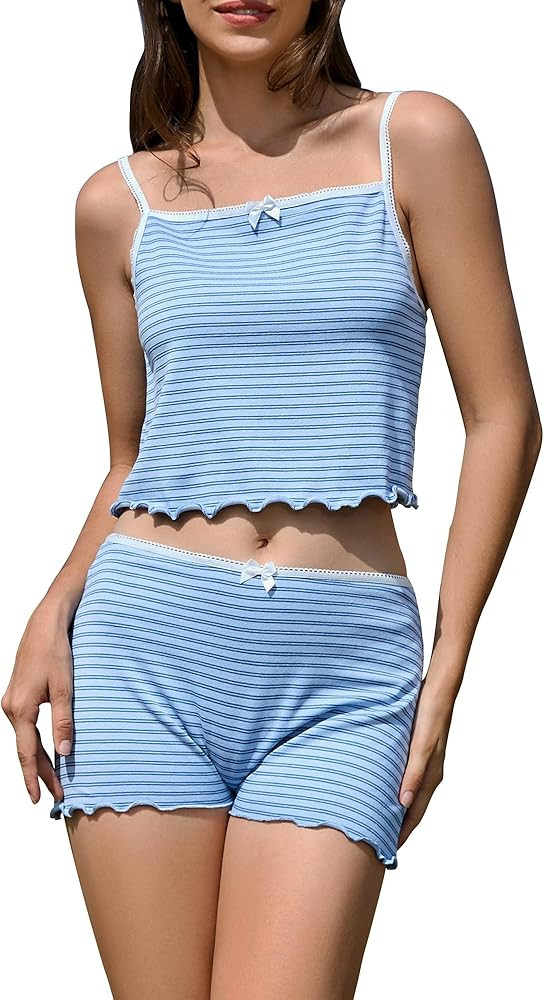 Womens Striped Cami Tank Top Pajama Sets Shorts 2 Pieces Lingerie Sleepwear Camisole Matching Pj ... | Amazon (US)