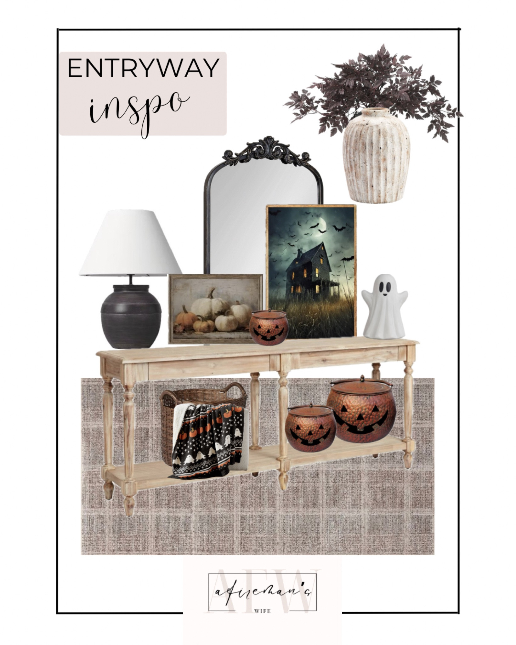 HALLOWEEN entryway inspo!  I will be using some of these pieces when I switch my console table to Halloween.  
.
Follow @a.firemans.wife on instagram for more inspo!

Plum cimicifuga stems | Gus ghost Fair Isle knit throw | handcrafted terracotta vase | black trim mirror | table lamp | spooky abandoned house canvas | fall pumpkin digital download | brown woven basket | copper pumpkins | Everette natural woof foyer table | ghost figurine decor | loloi rug runner 


#LTKSeasonal #LTKStyleTip #LTKHome