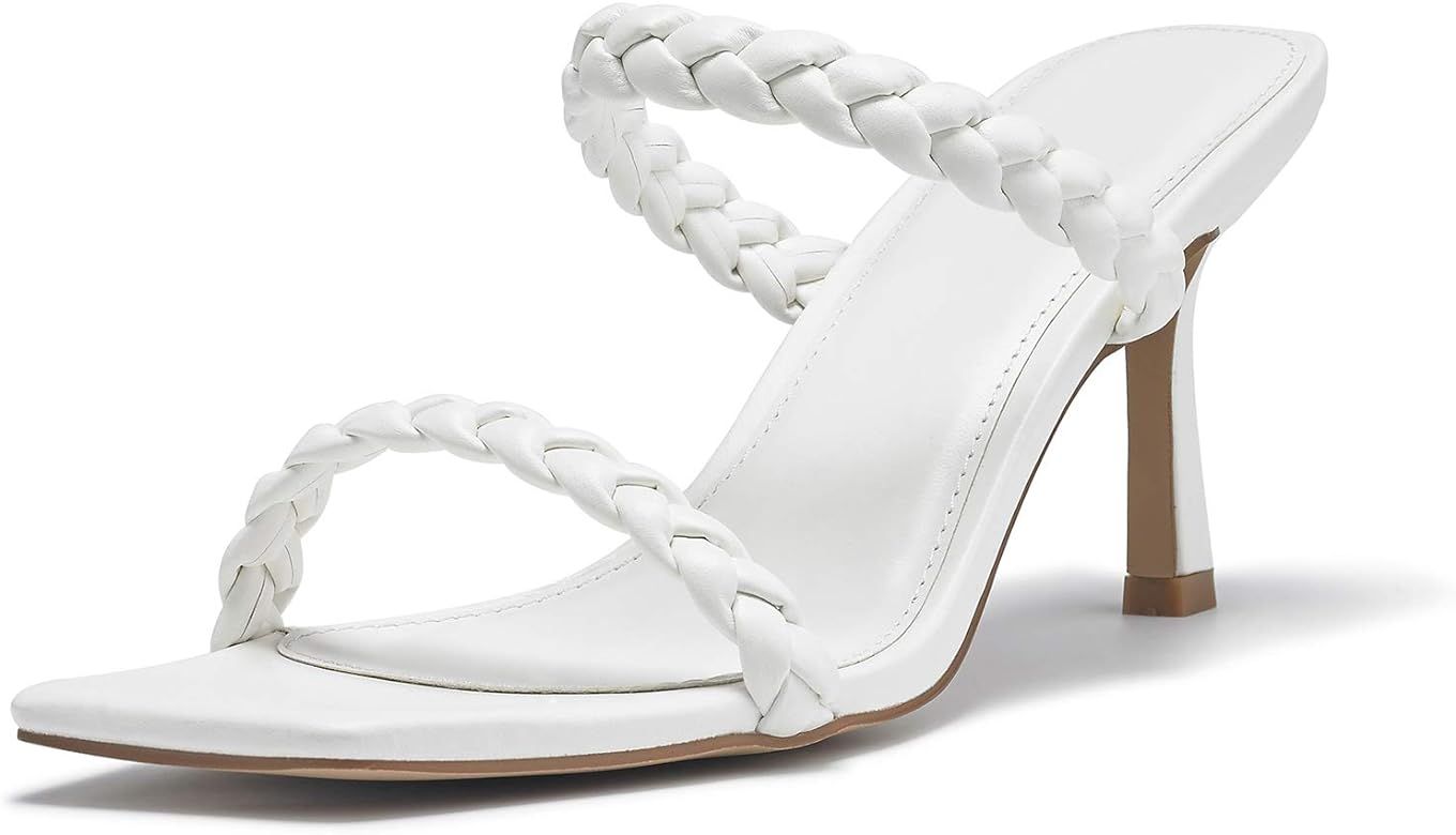 VETASTE Women's Braided Heeled Sandals Square Open Toe Stiletto Heels Woven Slip On Slide Shoes | Amazon (US)