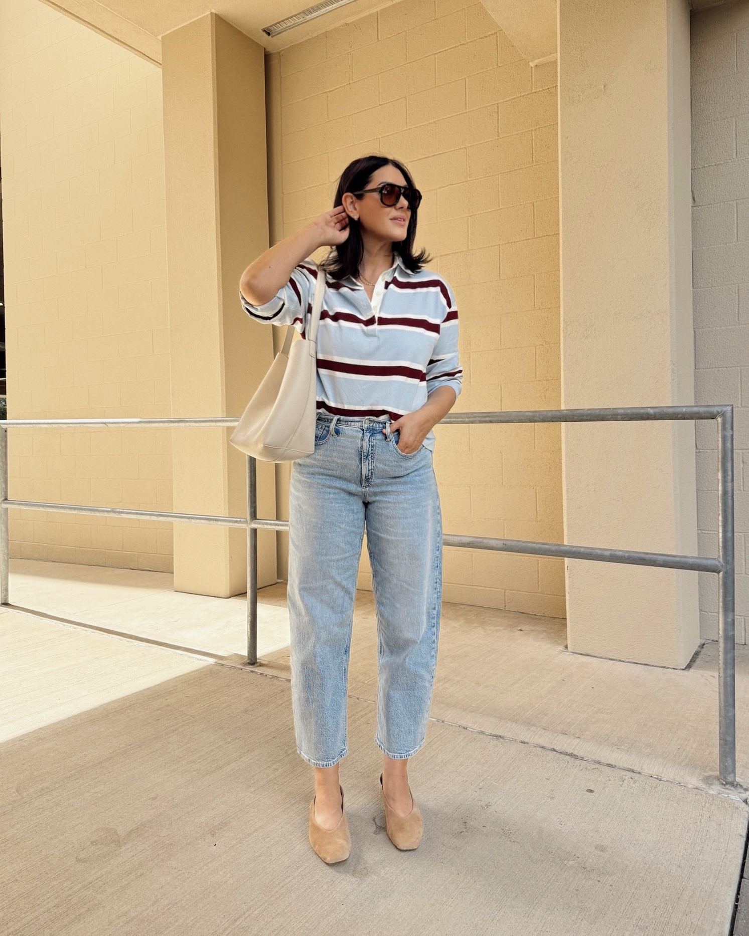 Two really great pieces for under $100! I’m in the large of the top, relaxed fit. 

I’m in the 30 of the jeans. Slightly generous fit that stretches with wear.
