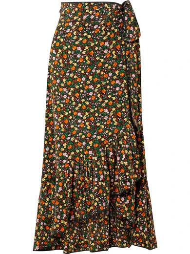 GANNI - Joycedale Ruffled Floral-print Silk-crepe Wrap Skirt - Orange | NET-A-PORTER (US)