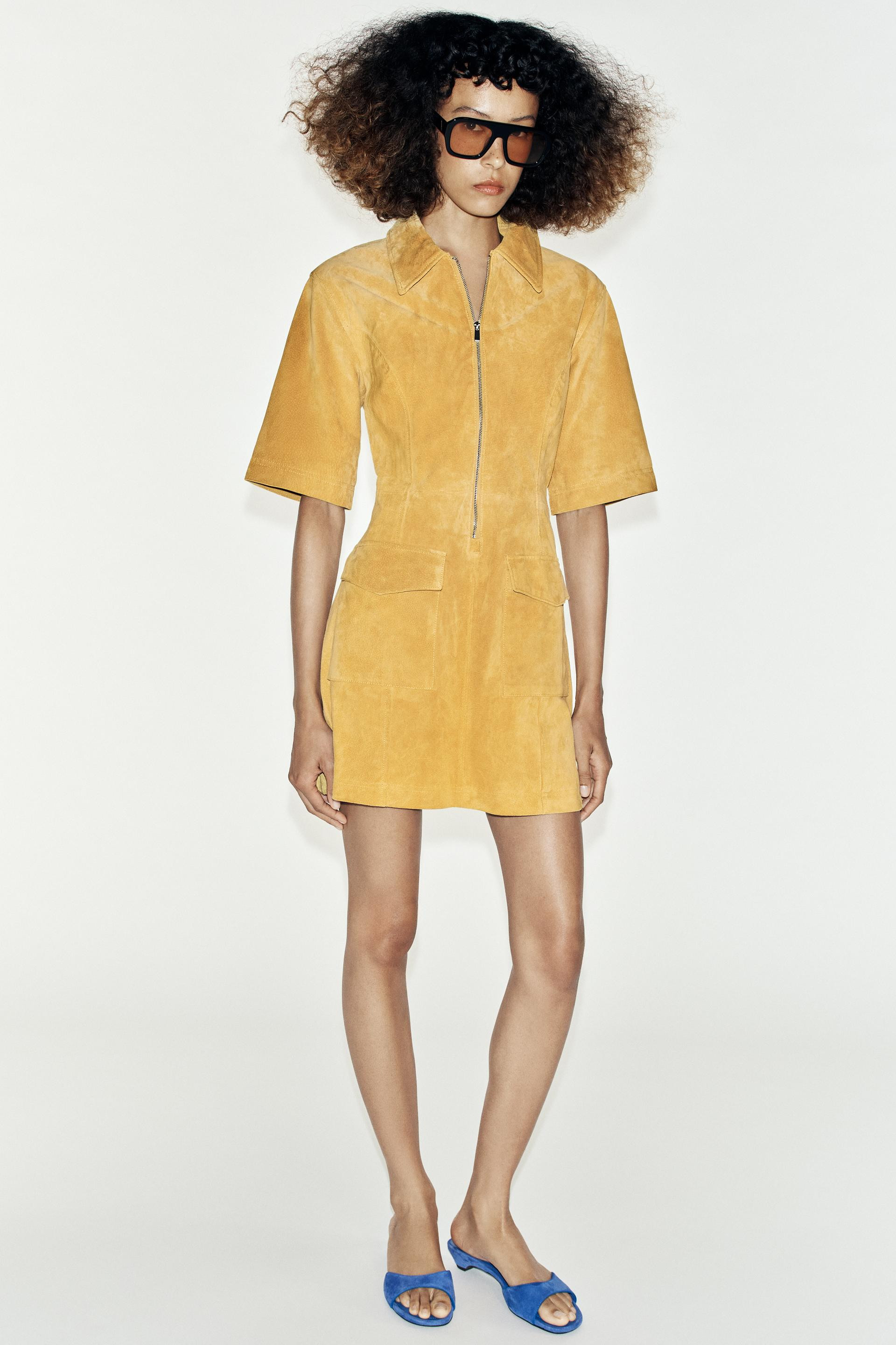 Zara - 100% Leather Zip-Up Mini Dress - Mustard - L - Woman | Zara US