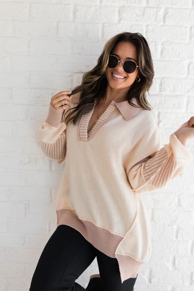 Think About It Cream and Mauve Collared Oversized Sweater | Pink Lily