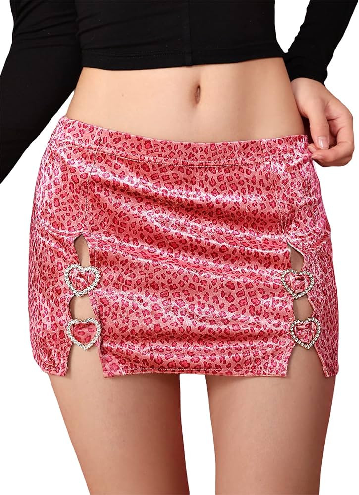 MakeMeChic Women's Rhinestone Heart Split Hem Mini Short Bodycon Skirt | Amazon (US)