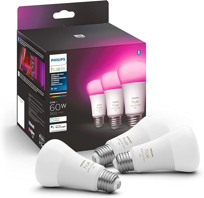 Philips Hue A19 LED Smart Light Bulb 3-Pack - White and Color Ambiance - 60W Indoor Light Bulb - ... | Amazon (US)