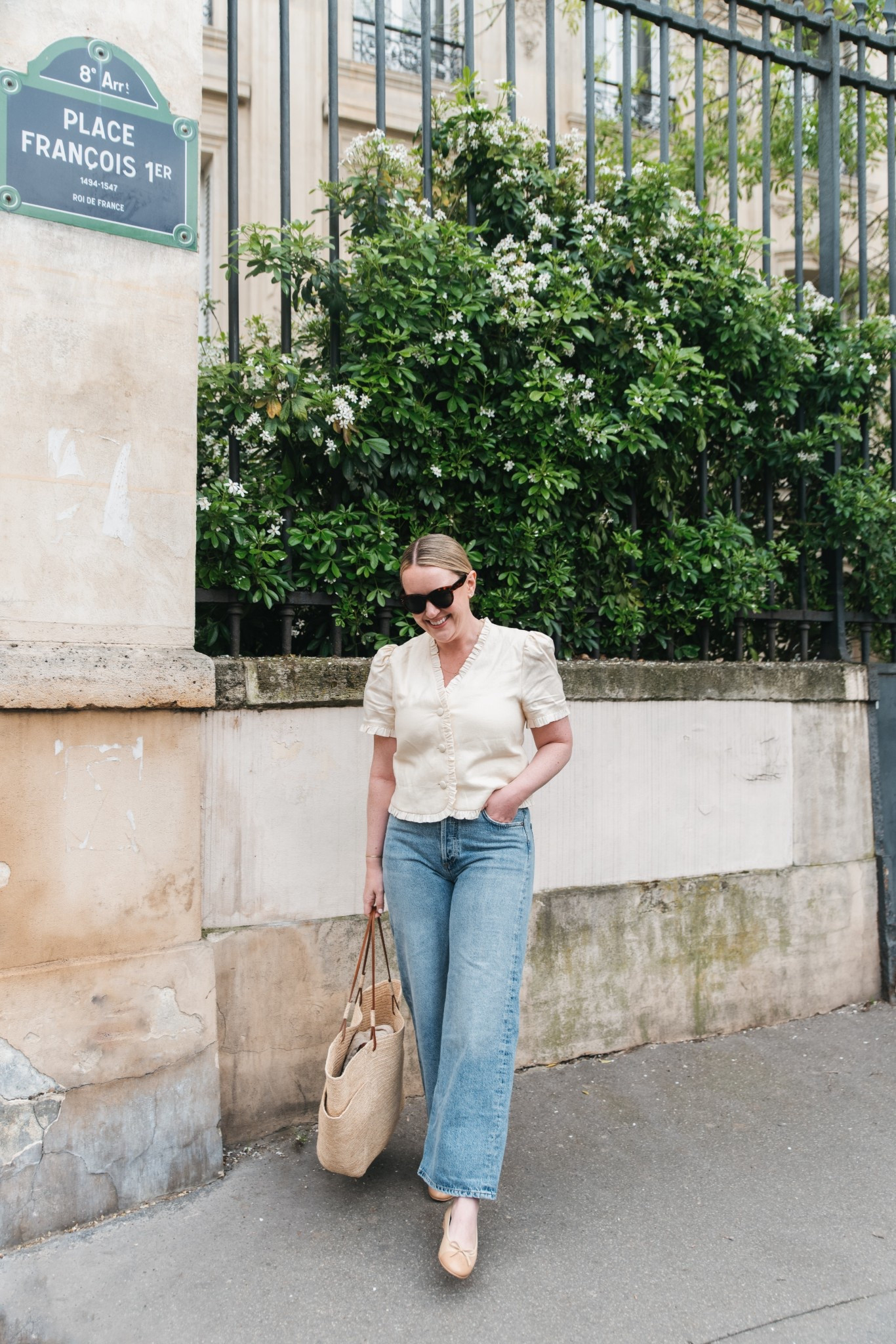 Spring outfit in Paris with a linen top from reformation - size m and agolde wide leg jeans size 28 
Chanel ballet flats
Basket bag 

#LTKSeasonal