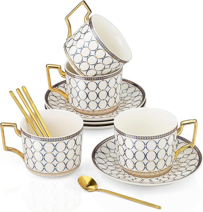 CwlwGO-European Style Cup and saucer set, 7 Oz bone China beautifully glazed white Gold Tea Cup a... | Amazon (US)