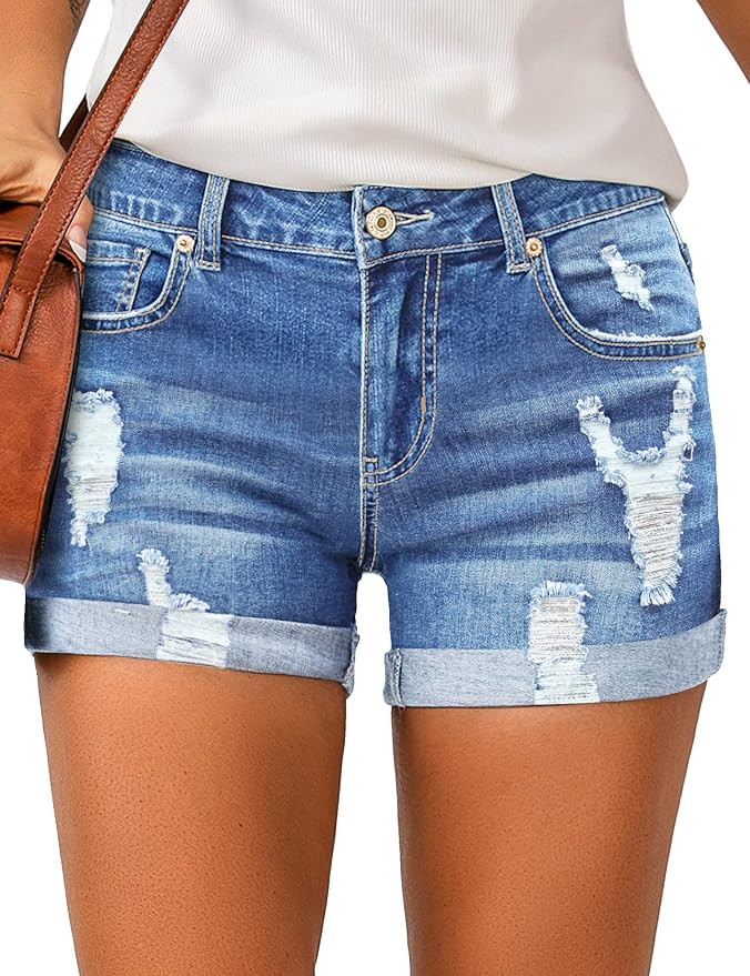 LookbookStore Women's High Waisted Rolled Hem Distressed Jeans Ripped Denim Shorts | Amazon (US)