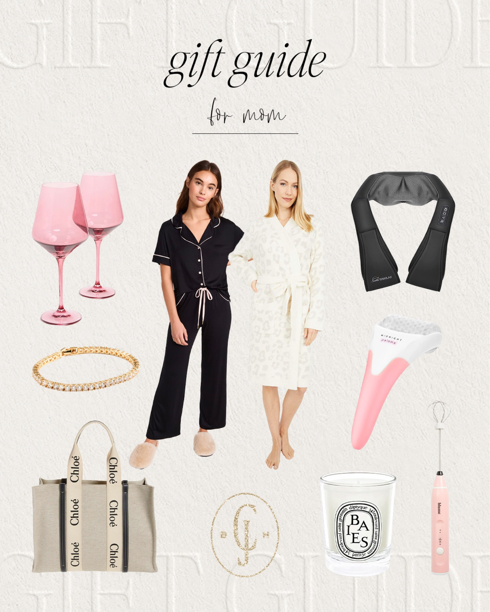Cella Jane gift guide for mom. Wine glasses, pajamas, robe, neck massager, tennis bracelet, facial ice roller, tote bag, candle, milk frother. 

#LTKGiftGuide #LTKHoliday #LTKstyletip