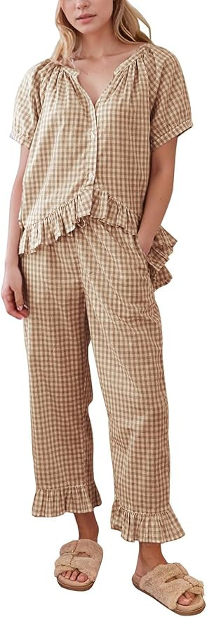 Flygo Womens Plaid 2 Piece Pajamas Sets Gingham Button Down Puff Sleeve Babydoll Shirt Ruffle Pan... | Amazon (US)