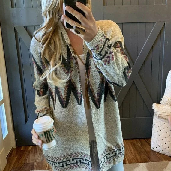 New Cozy Tribal Print Grey Native Cardigan Sweater Top Boho - Etsy | Etsy (US)