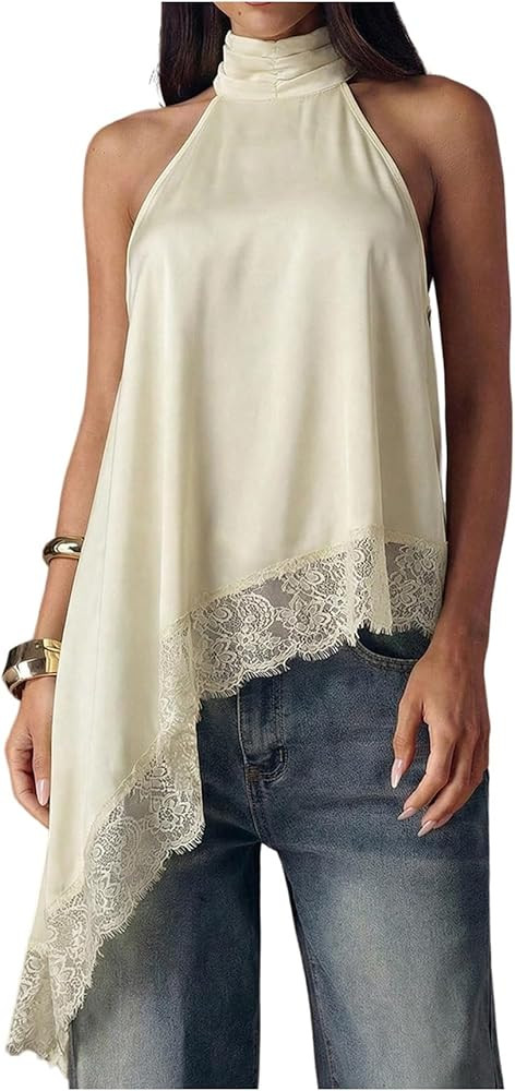 Milumia Women's Halter Neck Sleeveless Top Lace Asymmetrical Hem Summer Going Out Tank Tops | Amazon (US)