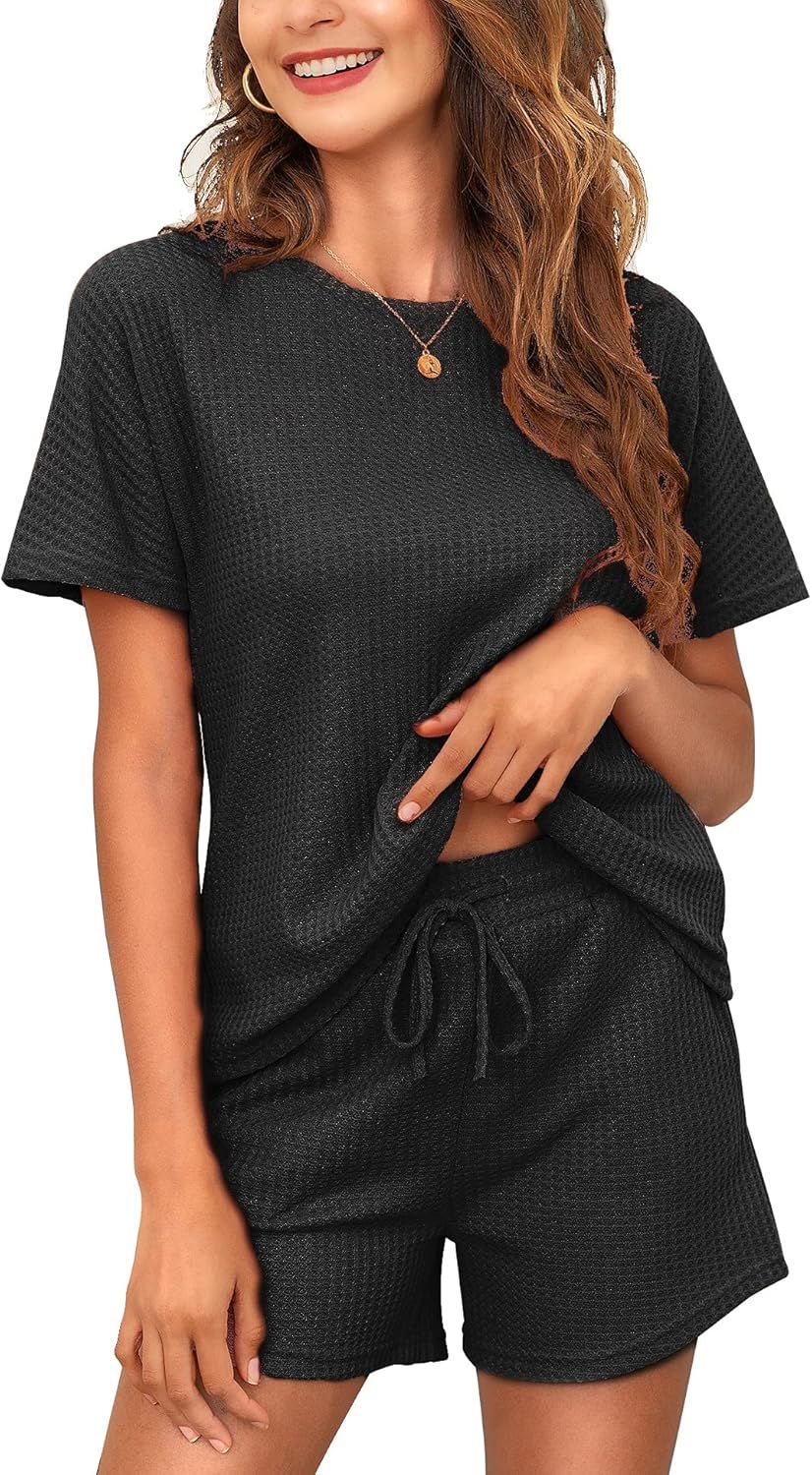 Womens Pajamas Set Short Sleeve Waffle Knit Top and Shorts 2 Piece Loungewear Athletic Tracksuits... | Amazon (US)