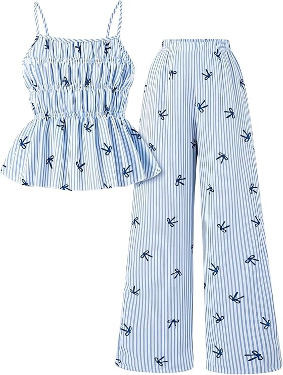 Cakaner Tween Girls Clothes Summer 2 Piece Outfit Set Ruffle Cami Top Wide Leg Pants with Pockets... | Amazon (US)
