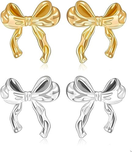 Funte® 2 Pairs Bow Earrings Gold And Silver Bow Stud Earrings For Women Infinity Bow Earrings Chunky Gold Hoop Earrings Statement Jewelry For Women Girls | Amazon (UK)