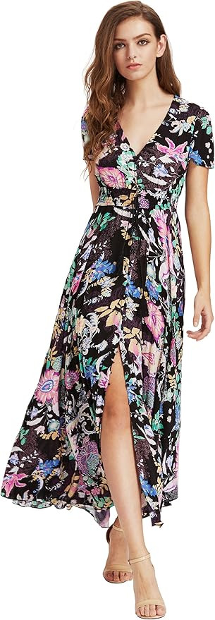 Milumia Women Button Up Floral Print Party Split Flowy Maxi Dress | Amazon (US)
