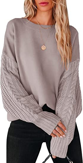 ANRABESS Women's Crewneck Long Sleeve Drop Shoulder Casual Solid Cable Knit Chunky Contrast Pullo... | Amazon (US)