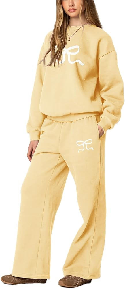 2 Piece Lounge Sets for Women Fall Sweatsuit Bow Print Long Sleeve Crew Neck Wide Leg Sweatpants ... | Amazon (US)
