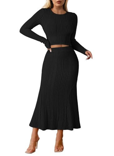 Pink Queen Women's Cozy Knit Two Piece Skirt Set Long Sleeve Top & Stretch Maxi Skirt For Party Night Out High Waisted A-Line Ribbed Spring Outfits Black XL | Amazon (US)