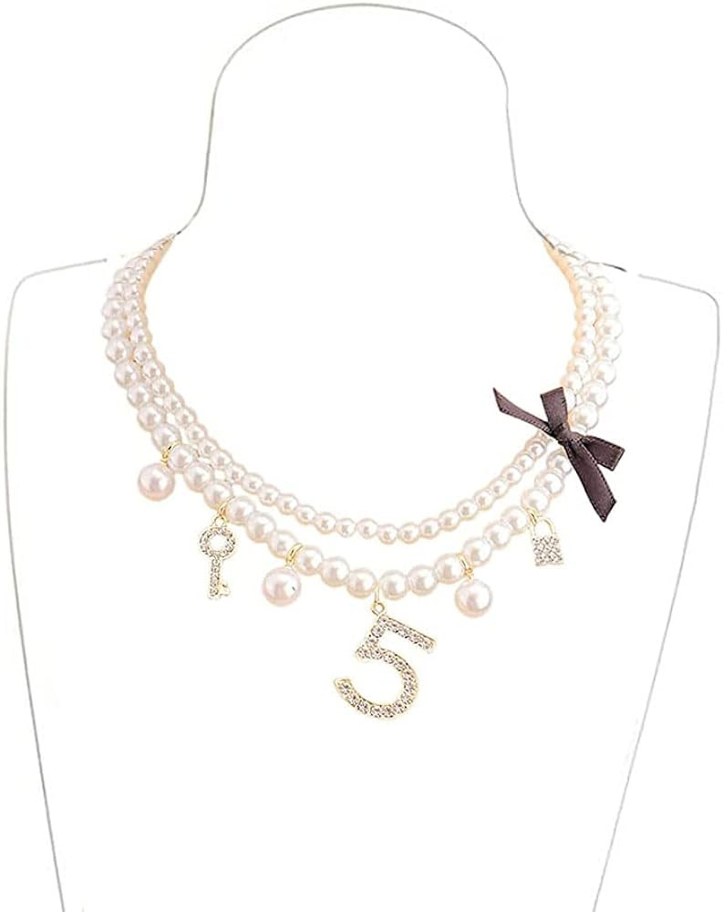 Dainty Simulated Pearls Choker Layered Pearl Necklace Rhinestone Number 5 Dangle Necklace for Wom... | Amazon (US)