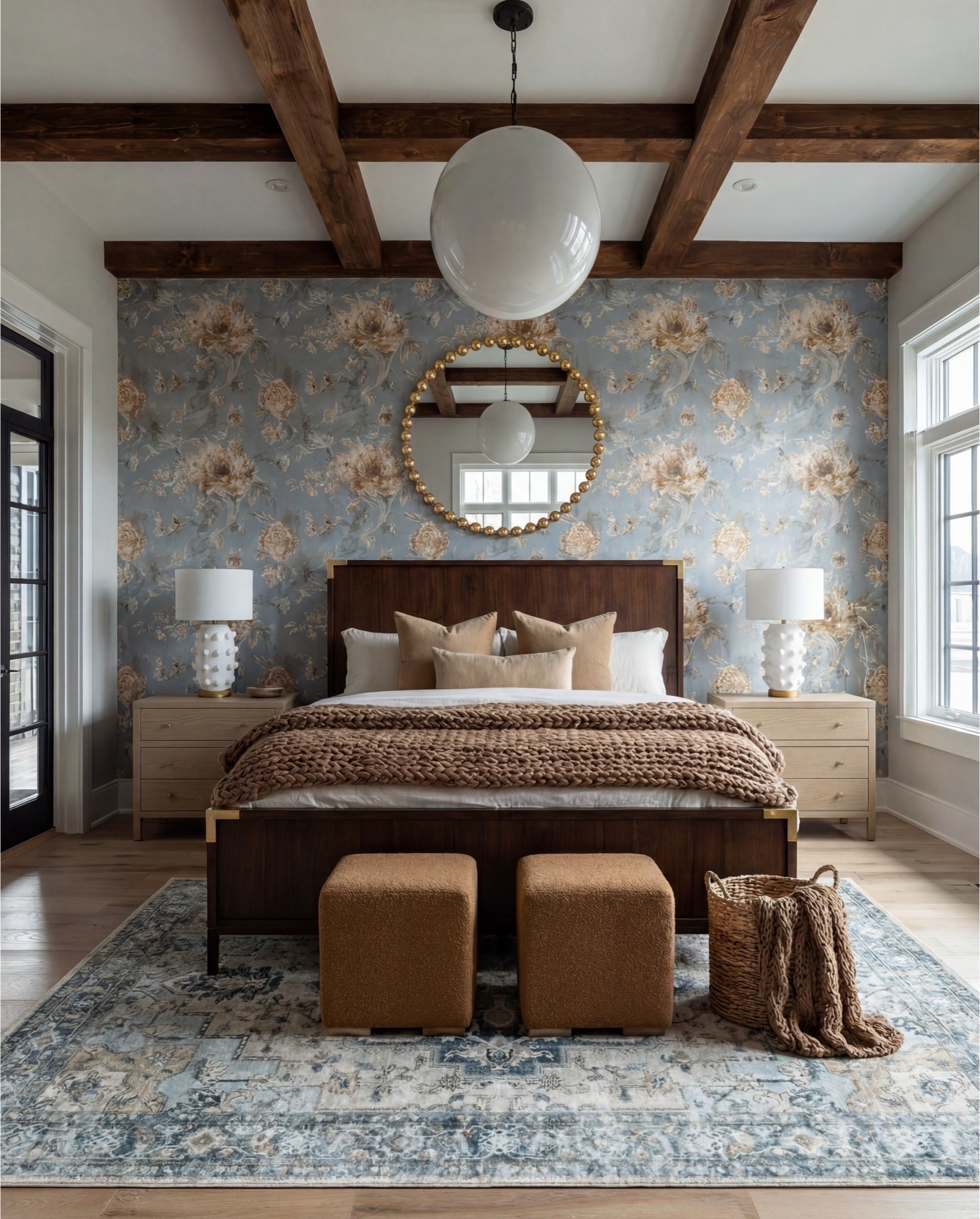 Warm, textural, and effortlessly elevated — this bedroom blends deep walnut wood, soft caramel tones, and a blue floral statement wall for a cozy, high-end retreat. The dark walnut bed anchors the room with rich grain detail, while the chunky knit throw and camel bouclé ottomans add warmth and dimension. Layered neutral pillows soften the palette, and the vintage-washed blue rug ties everything together with a subtle, timeworn look. This is the perfect balance of modern comfort and classic pattern.

Shop the Look:
• Walnut wood panel bed with brass accents
• Camel bouclé cube ottomans
• Blue floral wallpaper with beige undertones
• Chunky hand-knit caramel throw
• Textured neutral throw pillows
• Light oak nightstands
• Sculptural white ceramic table lamps
• Round gold beaded mirror
• Blue distressed vintage-style area rug
• Woven basket with knit accent throw

Black Friday

#LTKHome #LTKSaleAlert