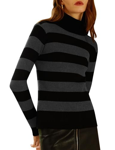 ninovino Women's Turtleneck Ribbed Long Sleeve Slim Fit Sweater Black Grey Stripe XL | Amazon (US)