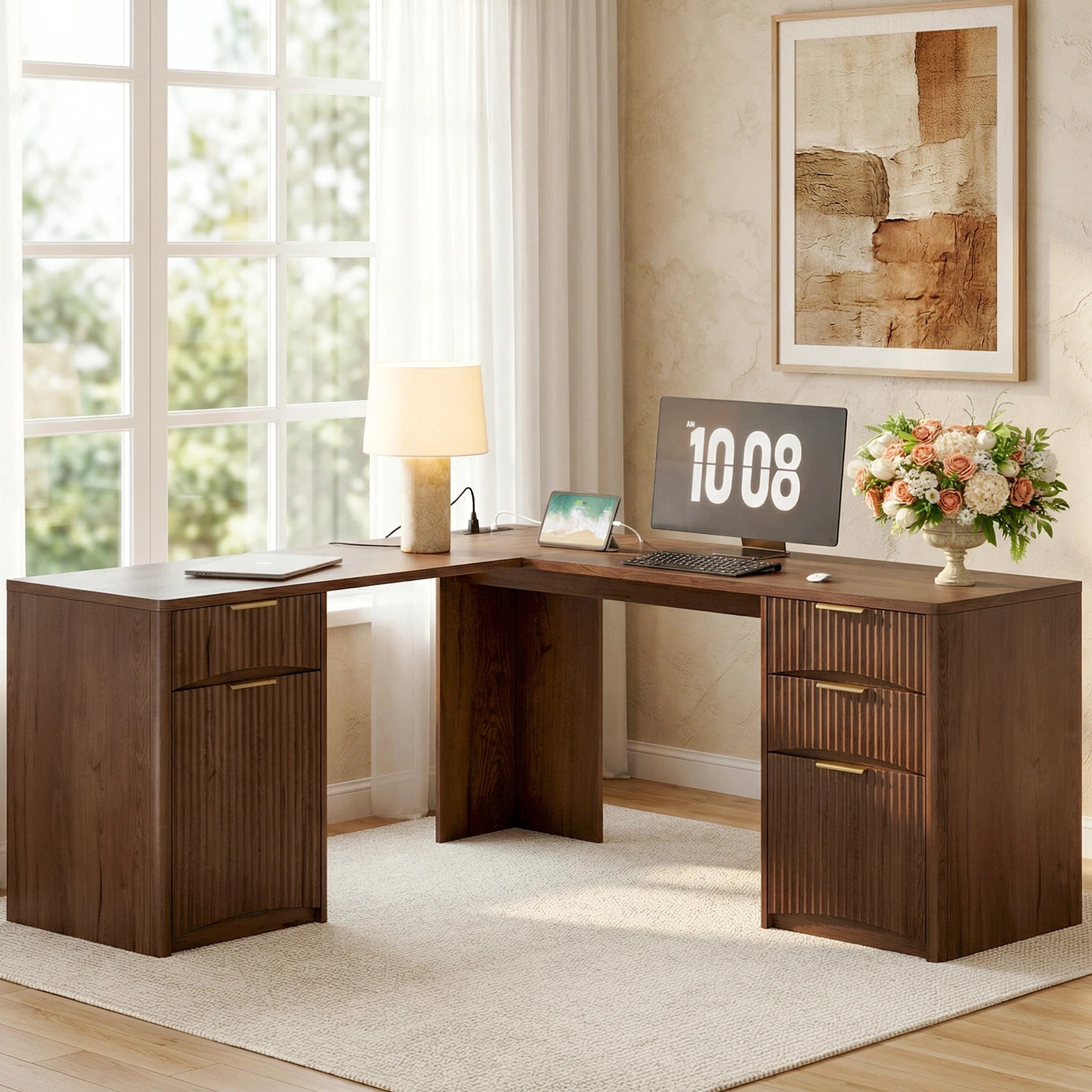 63'' Fluted L Shaped Desk with Drawers, Corner Computer Desk with Storage, Modern Executive Home ... | Wayfair North America