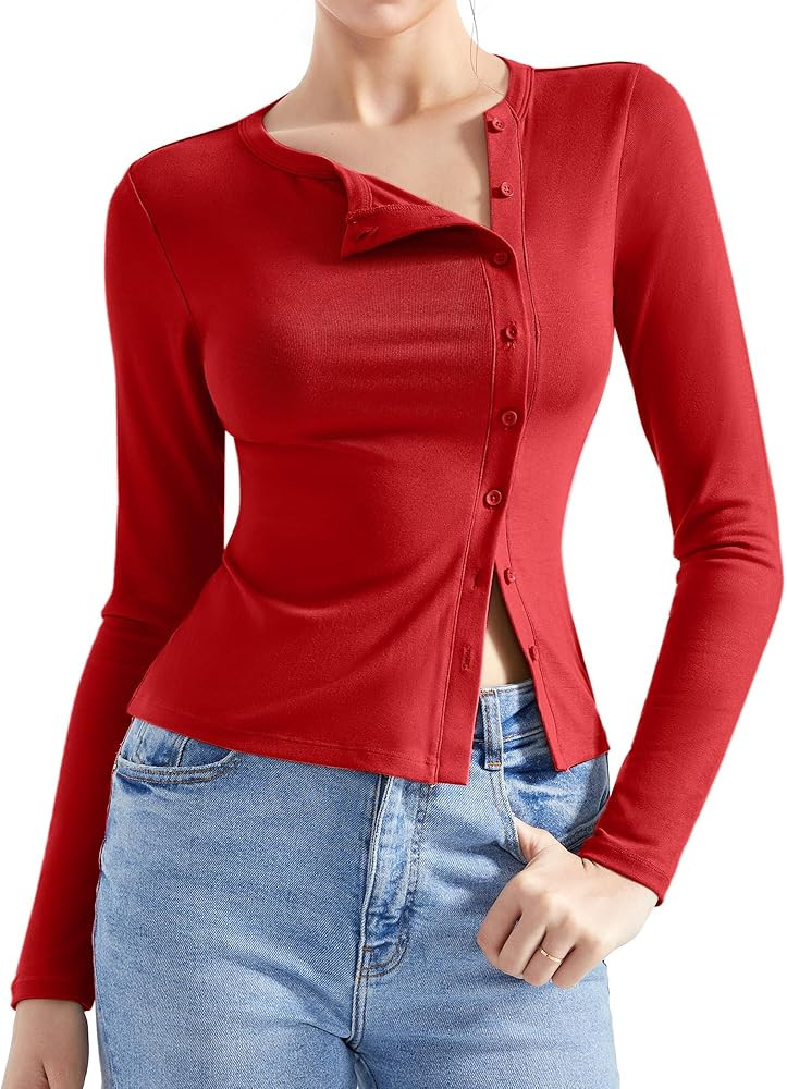 SUUKSESS Women Button Down Ribbed Tops Long Sleeve Going Out Fitted Modal Shirt | Amazon (US)