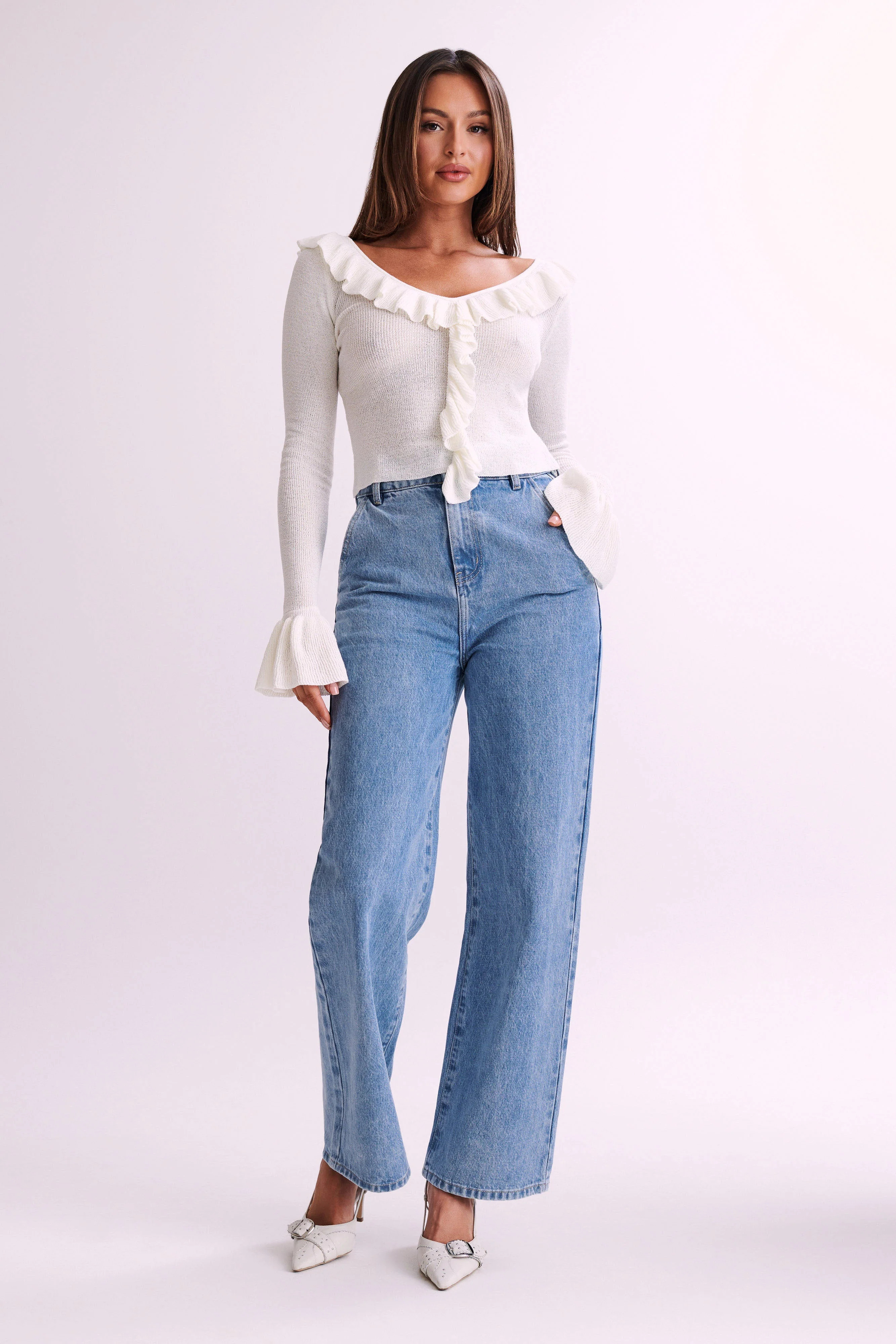 Aster Knit Top With Frill - White | MESHKI US
