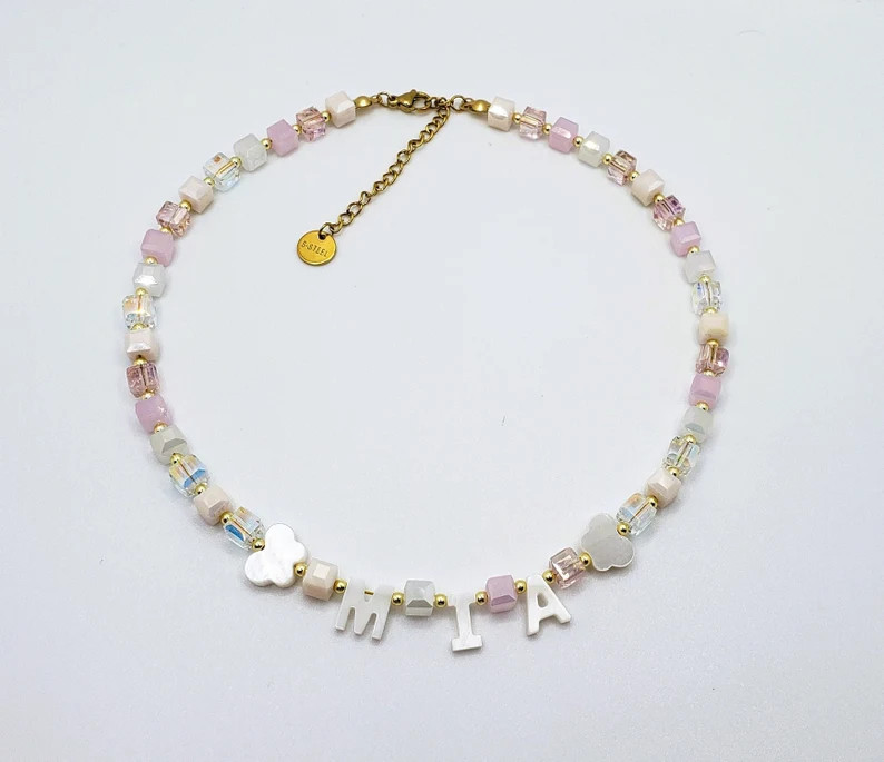 Toddler Custom Name Necklace, Mother of Pearl Letter Name Necklace, toddler girl beaded name neck... | Etsy (Global)