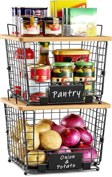 2 Set Large Stackable Wire Basket with Bamboo Tops & Tag- Pantry Organizer and Storage Bins, Kitc... | Amazon (US)