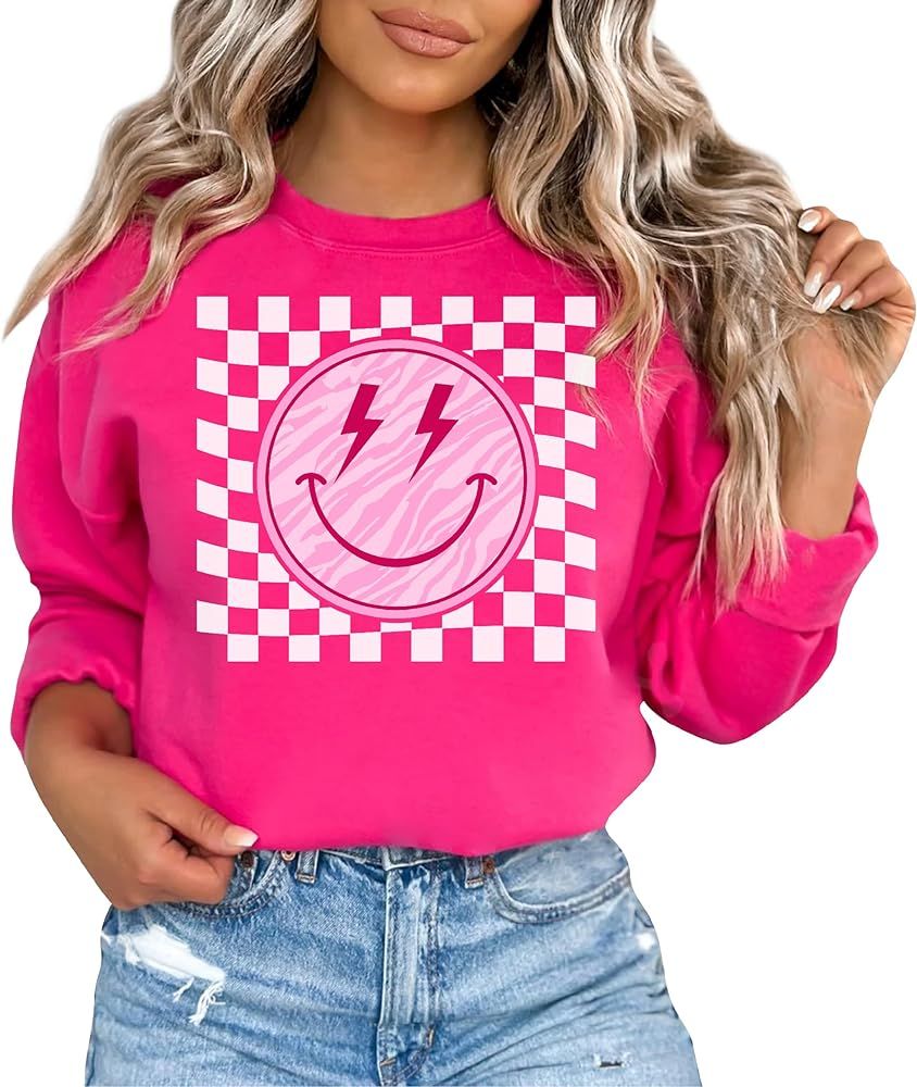 TEEAMORE Smiley Face Sweatshirt Checkered Lightning Bolt Vintage Possitive Women Crewneck | Amazon (US)