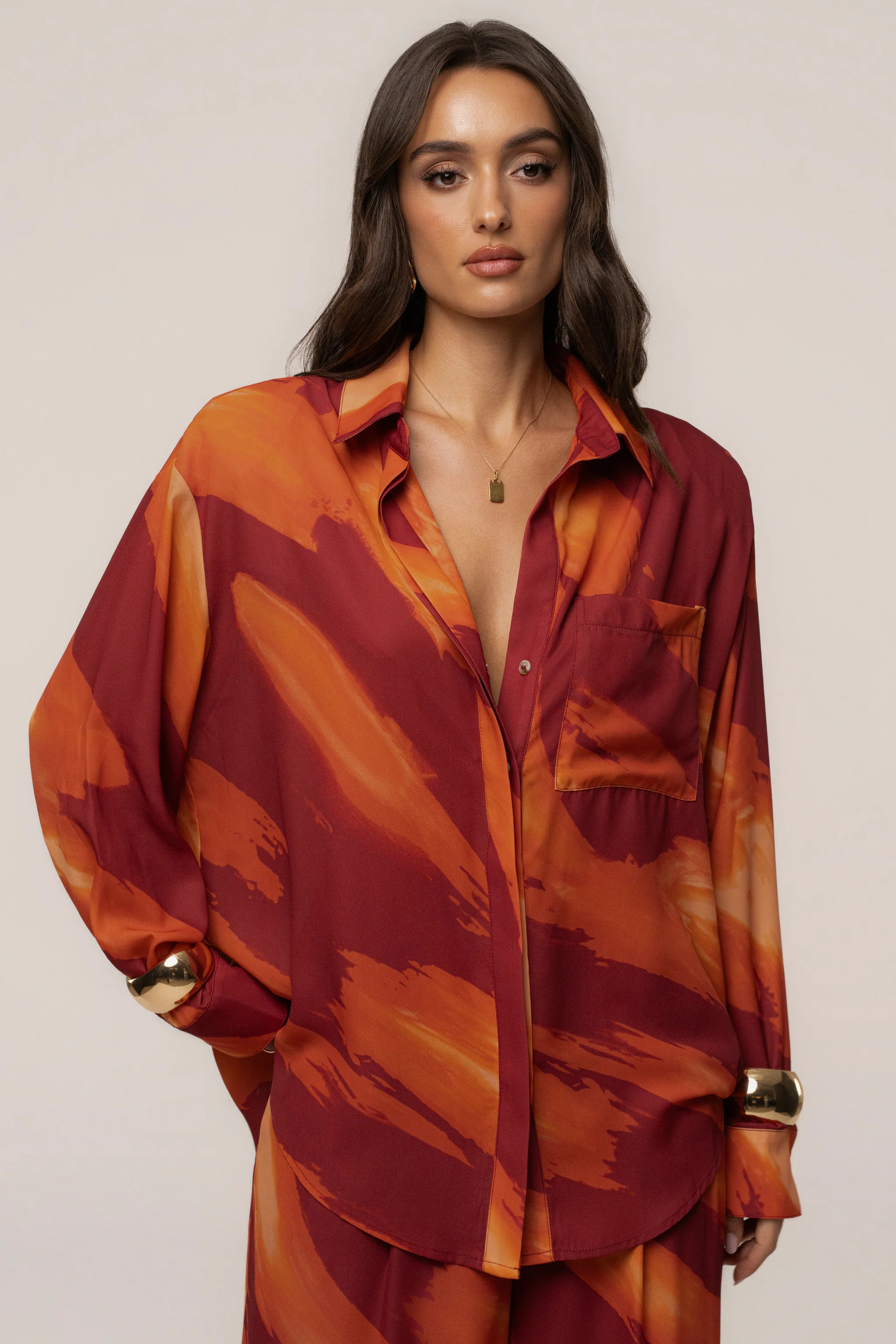 Crimson Dusk Fierce Form Button-Down Shirt | JLUXLABEL US