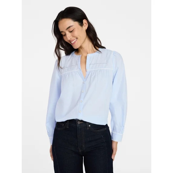 Time and Tru Women's Embroidered Cotton Button Front Shirt with Long Sleeves, Sizes XS-XXXL | Walmart (US)
