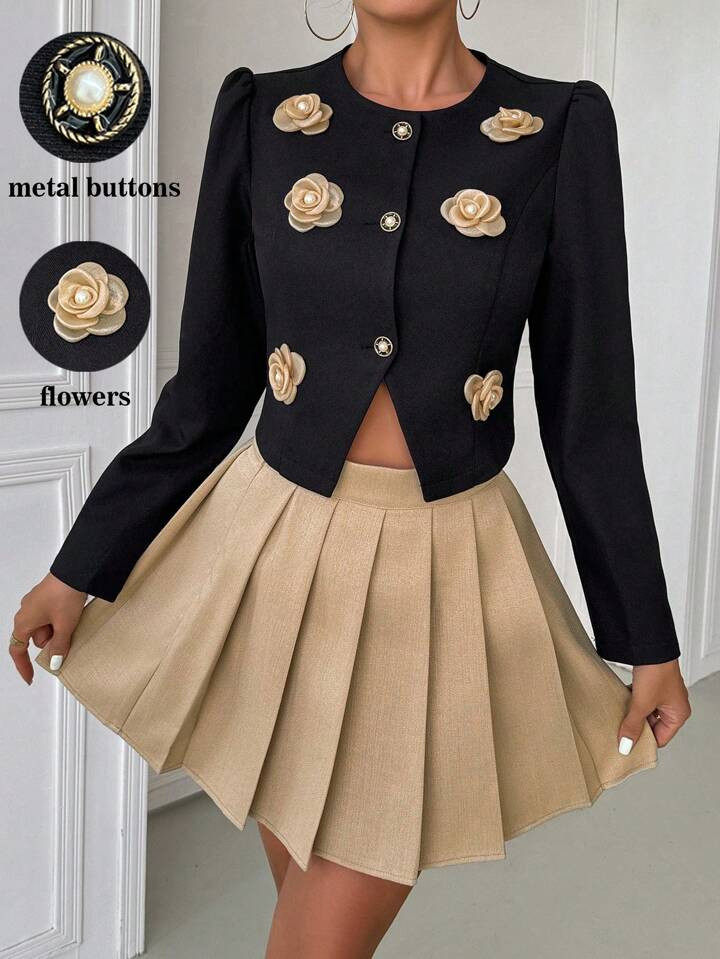 SHEIN Privé 2pcs Flower Decor V-Neck Single Breasted Jacket And Pleated A-Line Skirt Set For Wom... | SHEIN