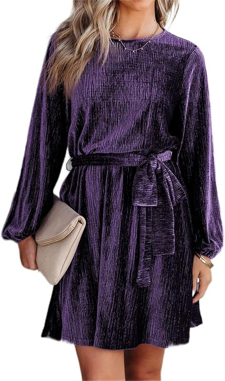 Happy Sailed Women's Velvet Cocktail Dress Fall Fashion Lantern Sleeve High Waist A-Line Skater P... | Amazon (US)