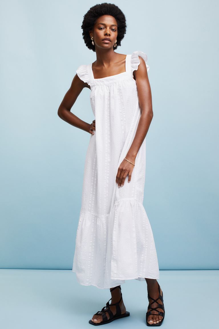 Long dress in airy cotton seersucker with a square neckline and wide, flounced shoulder straps. O... | H&M (US + CA)