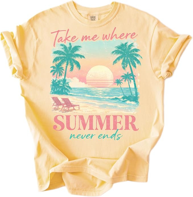 Take Me Where Summer Never Ends Beach Sunset Palm Trees Graphic T-Shirt Tee | Amazon (US)