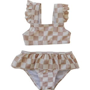 Taupe Checkered Ruffle Bikini Set | Mebie Baby