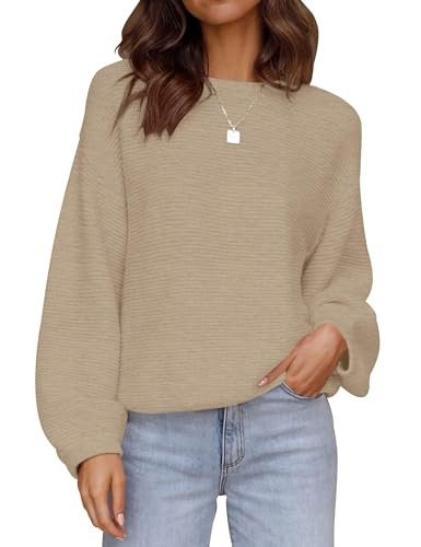 ZESICA Women's Crew Neck Long Lantern Sleeve Casual Loose Ribbed Knit Solid Soft Pullover Sweater... | Amazon (US)