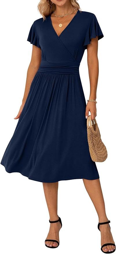 Amazon.com: GRECERELLE Women Dresses, Short Sleeve Casual Summer Dress, V-Neck Party Dress(Small,... | Amazon (US)