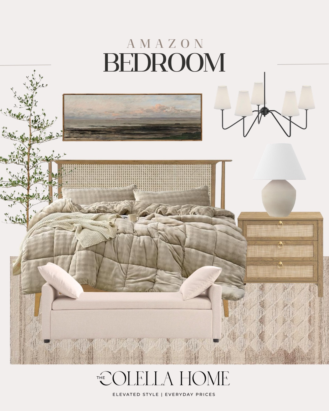 Bedroom decor includes area rug, bench, comforter, bed frame, side table, table lamp, chandelier, wall art, and faux tree.

Home decor, bedroom decor, looks for lesss

#LTKSaleAlert #LTKSeasonal #LTKHome