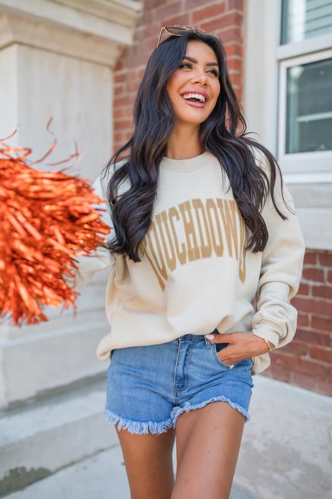 Touchdown Light Tan Oversized Graphic Sweatshirt | Pink Lily