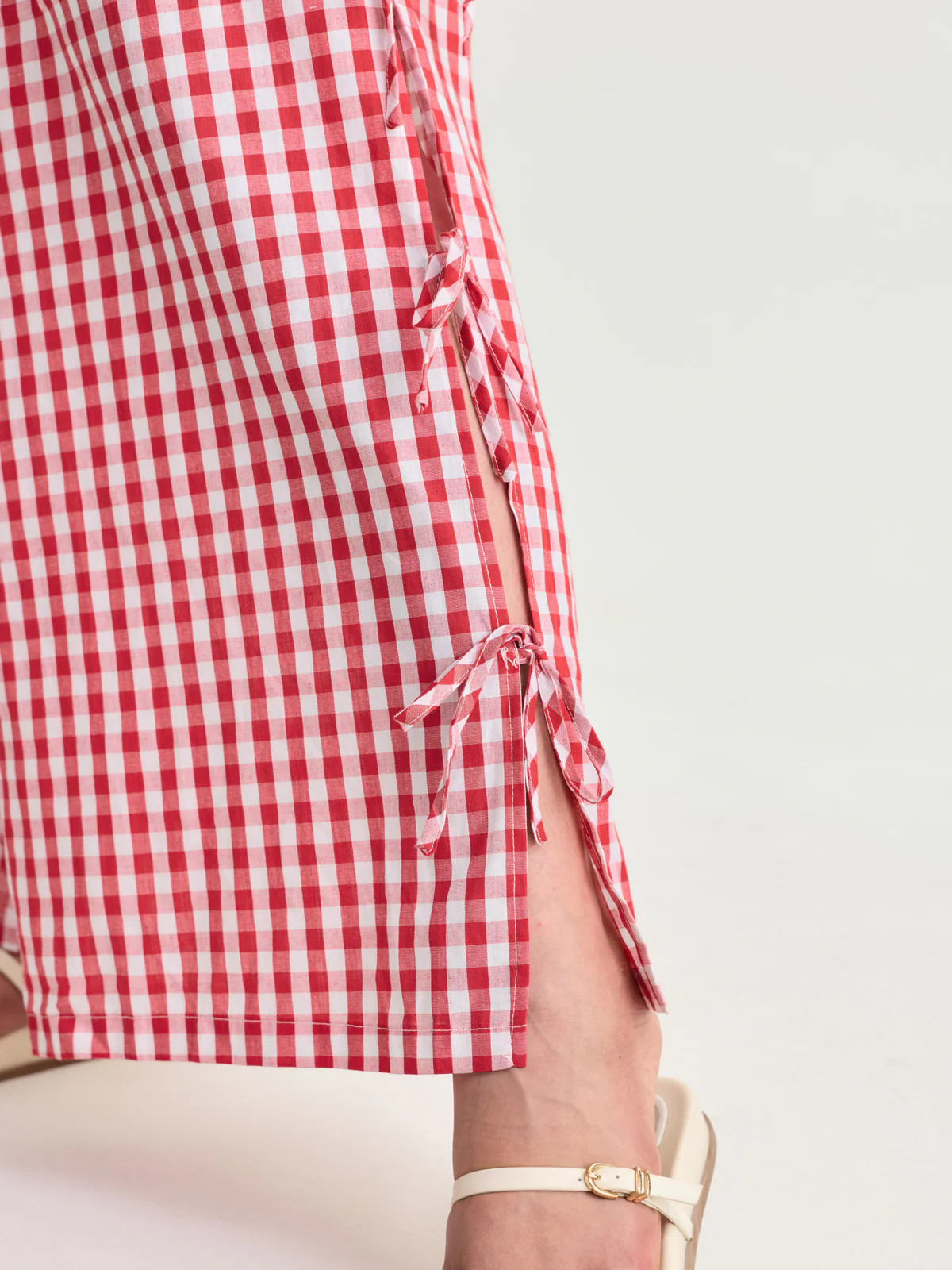 Cotton Gingham Print Side-Tie Pants | Bloomchic