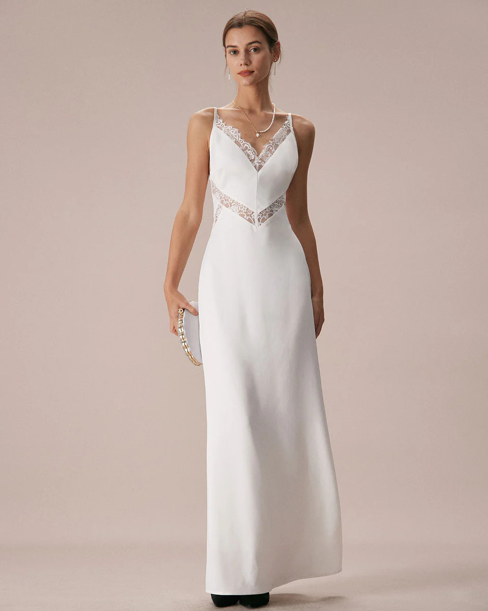 The White V Neck Lace Trim Slip Maxi Dress & Reviews - White - Dresses | RIHOAS | rihoas.com