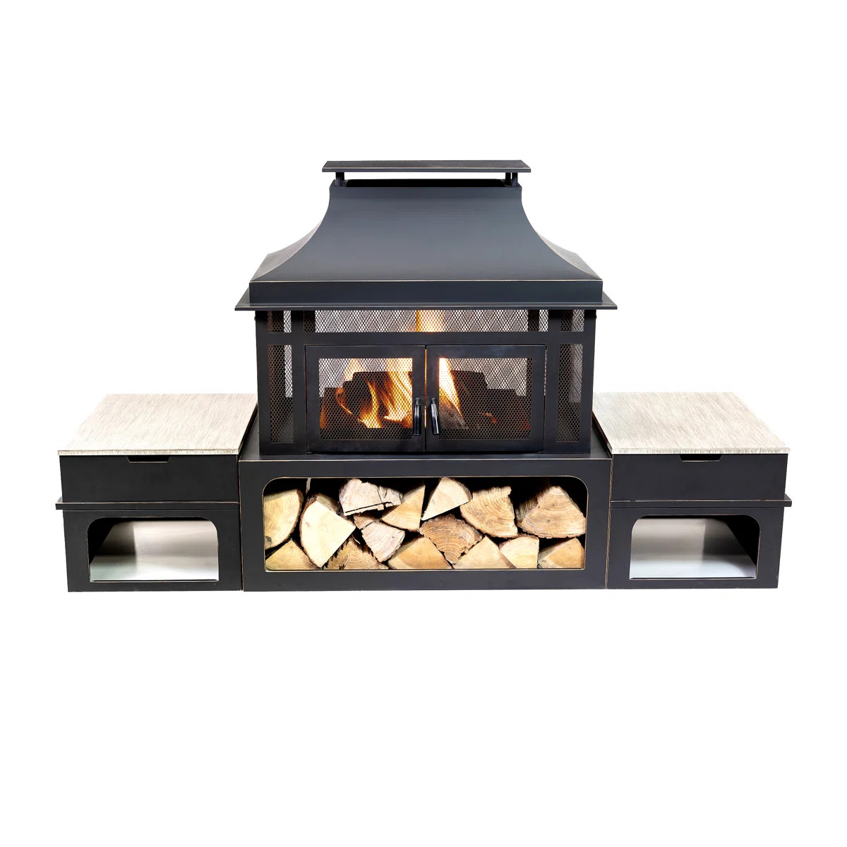 Deko Living Rimasco 80 Inch Rectangular Outdoor Steel Wood Burning Fireplace with Log Storage, Po... | Wayfair North America