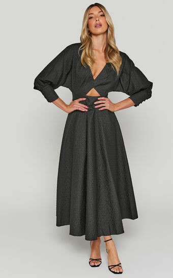 Ashtina Midi Dress - V Neck Cut Out Puff Sleeve Dress in Black | Showpo (ANZ)