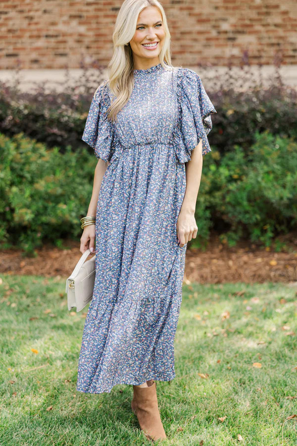 All The Good Blue Ditsy Floral Ruffled Midi Dress | The Mint Julep Boutique