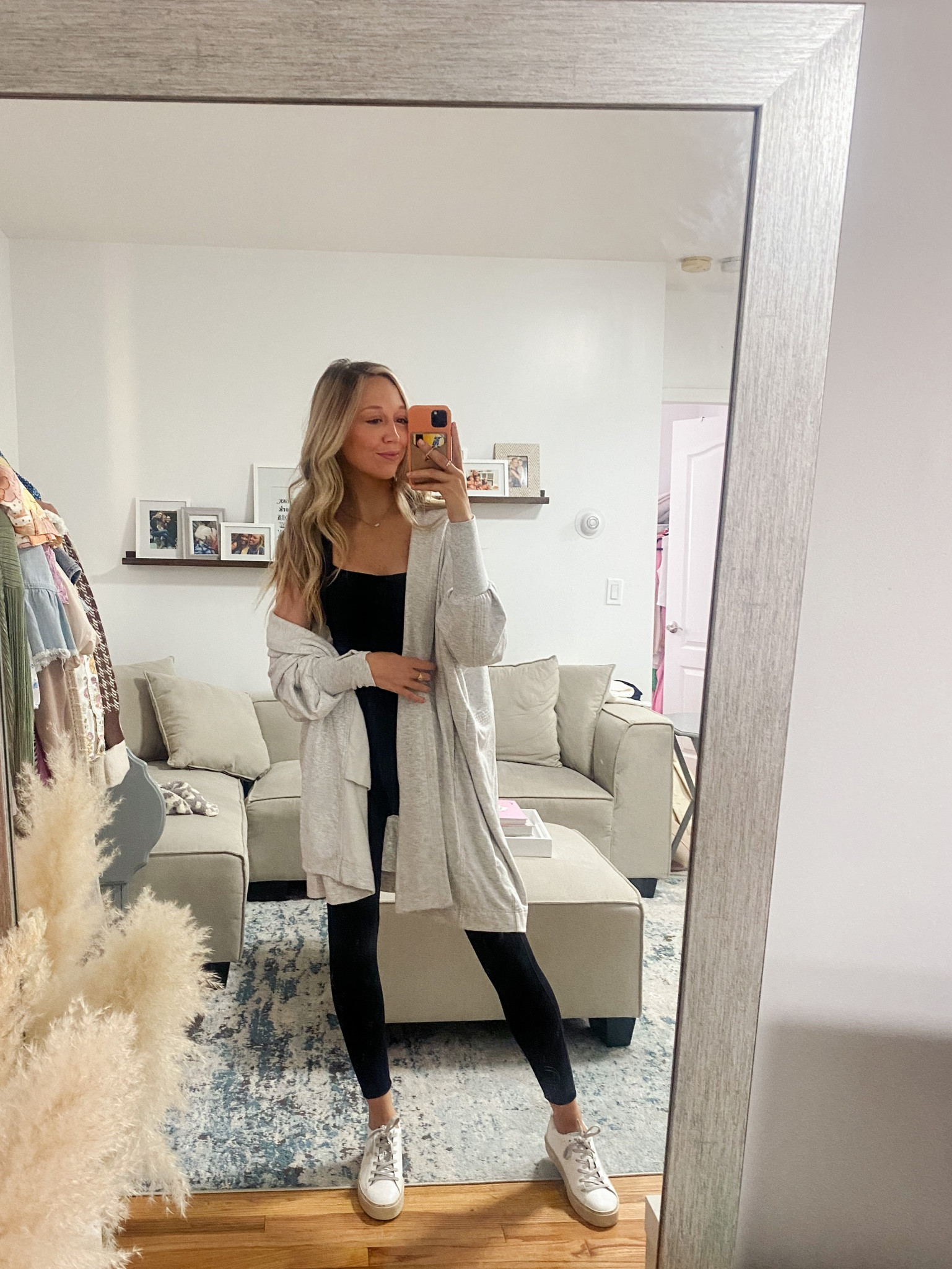 Obsessed with this onesie/jumpsuit!! Wearing a size small & also has a cute open back detail! Wearing XS in the cardigan- runs oversized 

#LTKfit #LTKunder50 #LTKstyletip